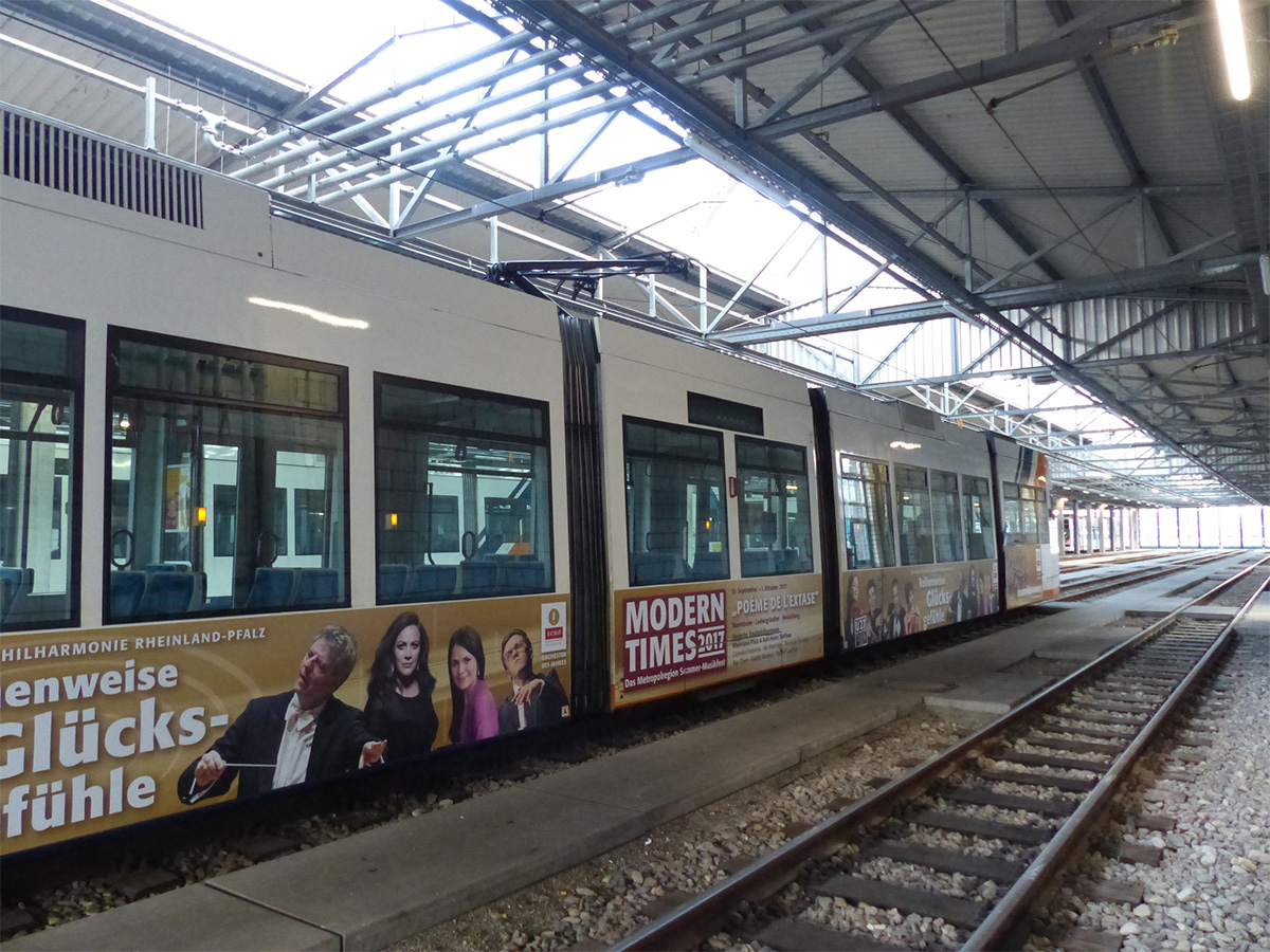 Zug mit Werbebeklebung in Heidelberger Bahnhofshalle.