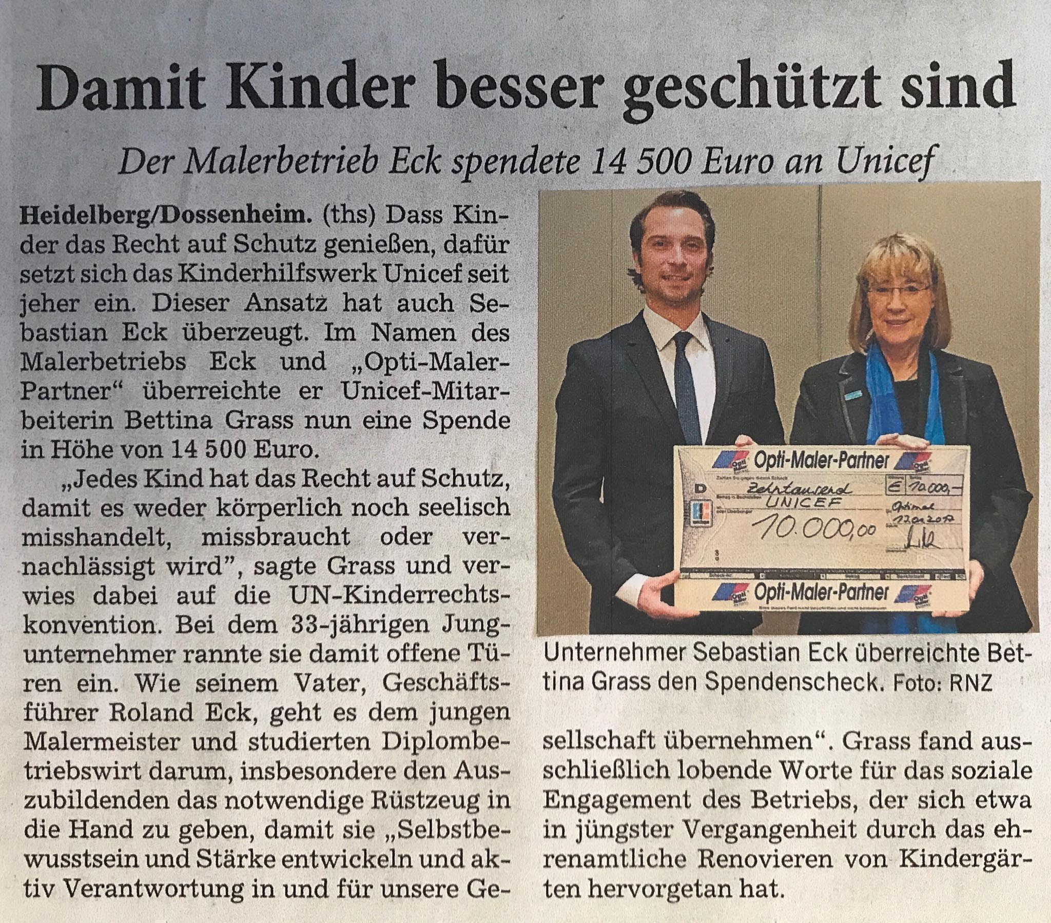 Spendenübergabe des Malerbetriebs Eck an UNICEF in Heidelberg.