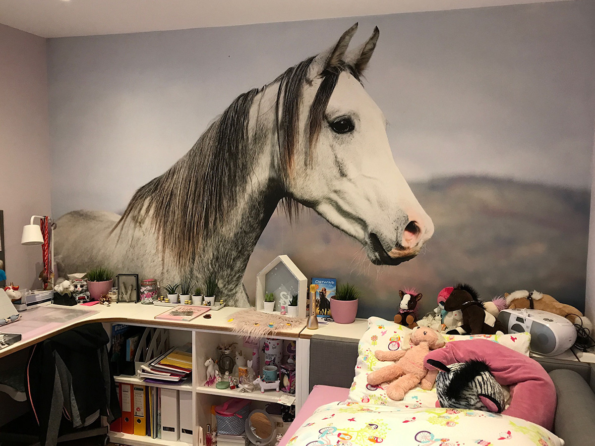 Wandgestaltung mit Pferdemotiv im Kinderzimmer, Maler Eck Heidelberg, kreative Raumgestaltung.